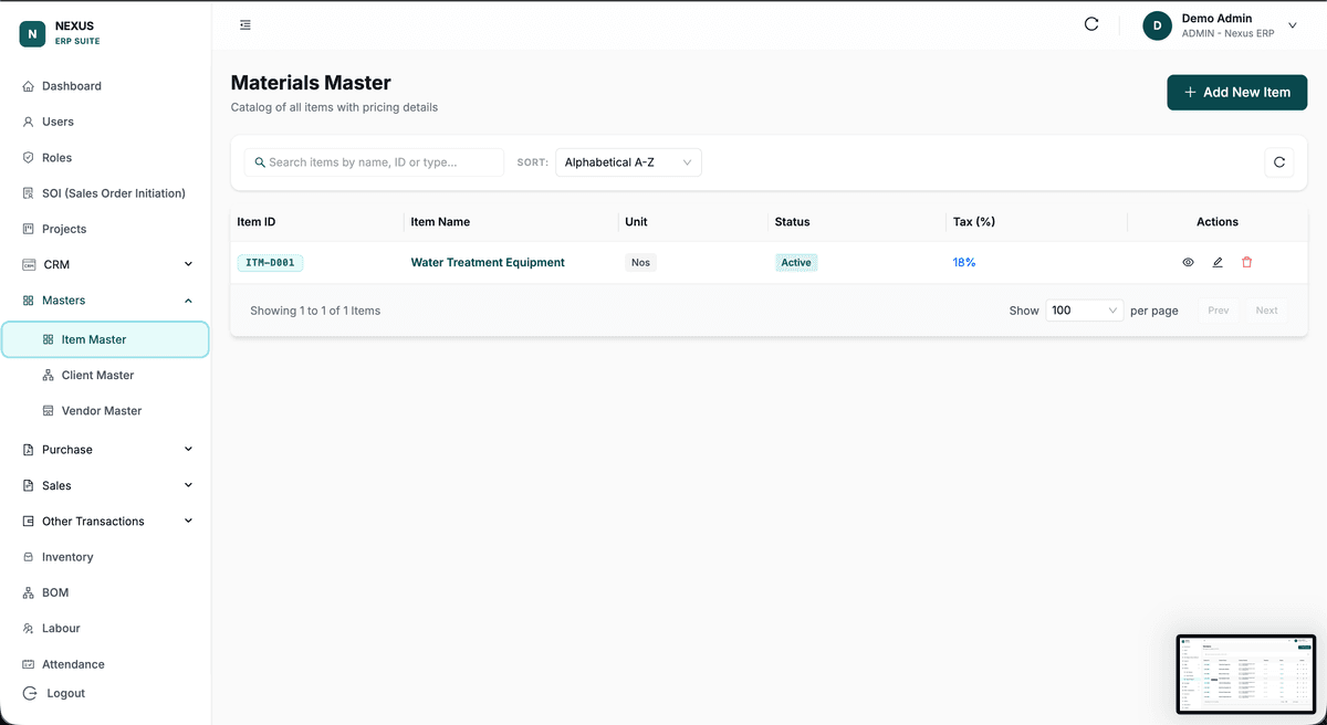 Materials and item master catalog